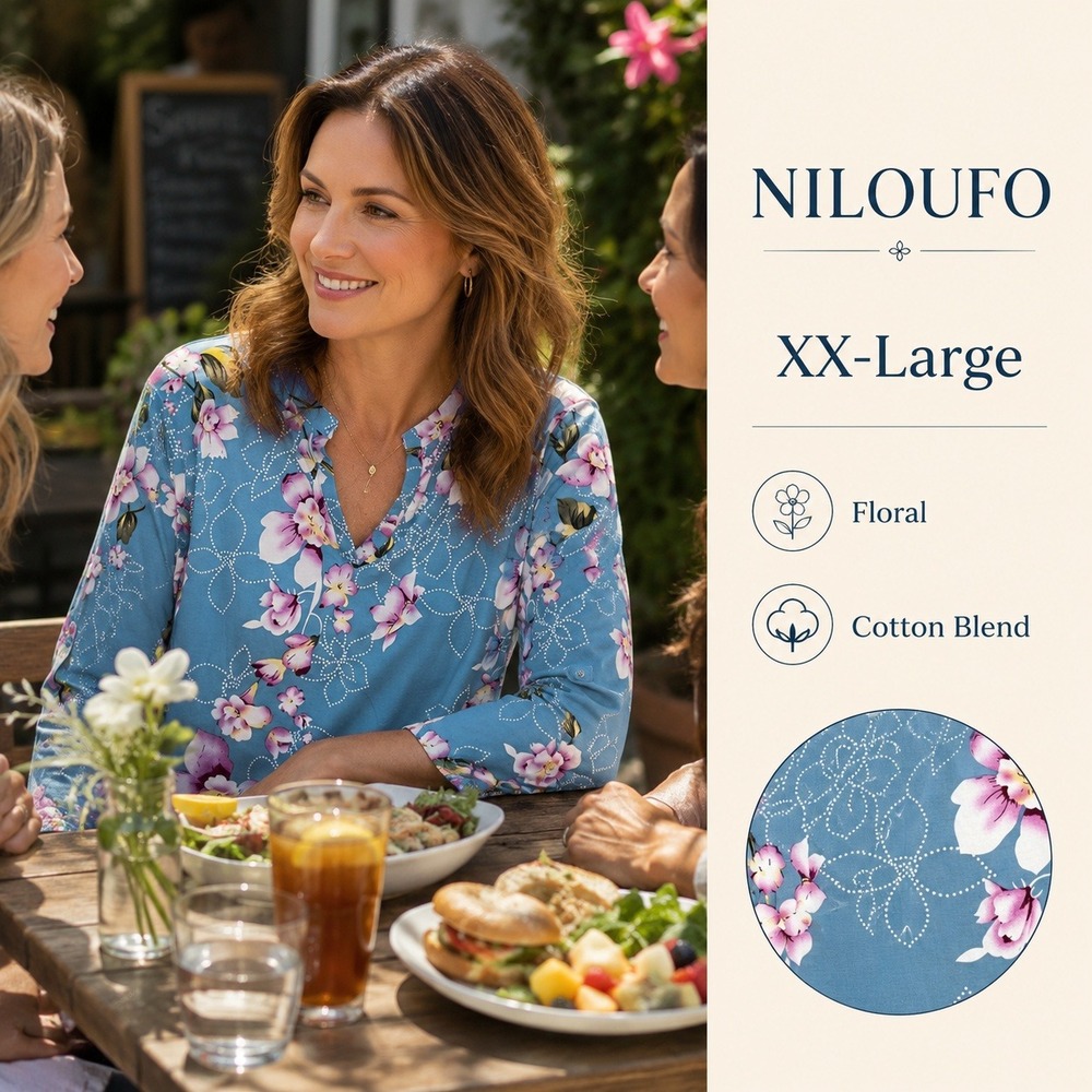 NILOUFO Floral Tunic Womens XXL Blue Pink Orchid 3/4 Roll Tab Sleeve Relaxed New